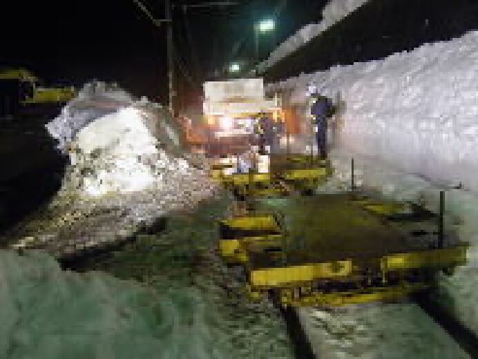 在来鉄道軌道内での搬入作業電車停止時間中（23：00～5：00）の乗り入れ作業のため軌陸車（軌条走行用特殊車）とトロ台車をクレーンにて吊り入れる。